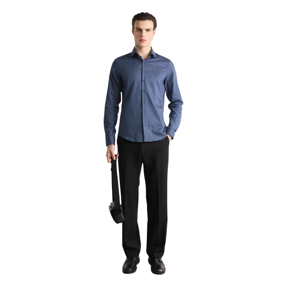 Calvin Klein Blauw Gestreept Overhemd Slim Fit Blue Heren