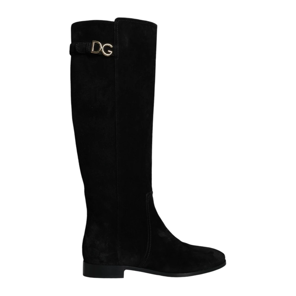 Dolce & Gabbana Women's Black Suede Knee High Flat Boots