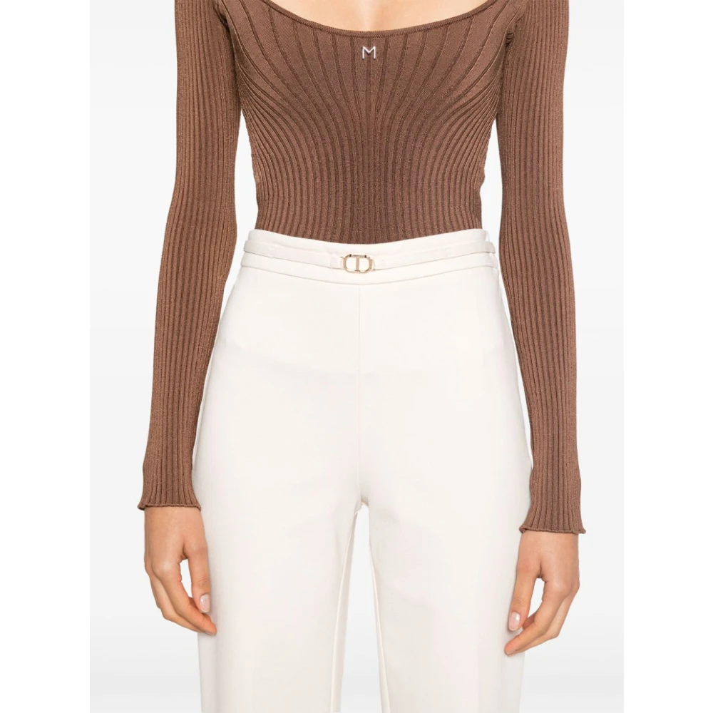 Twinset Crème Elastische Broek met Gouden Logo Beige Dames