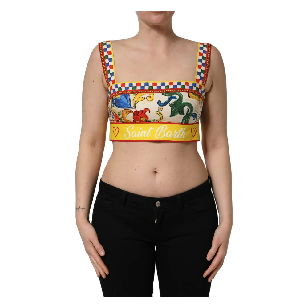 Dolce & Gabbana Women's Multicolor Sleeveless Tops, M, Majolica Print Cotton Crop Top
