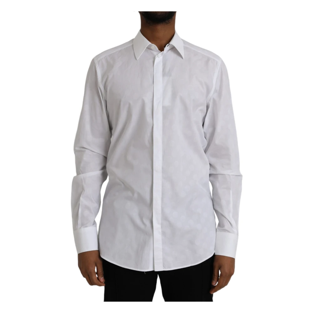 Dolce & Gabbana Men's White Formal Shirts, 2XS, Polka Dot Cotton Dress Shirt