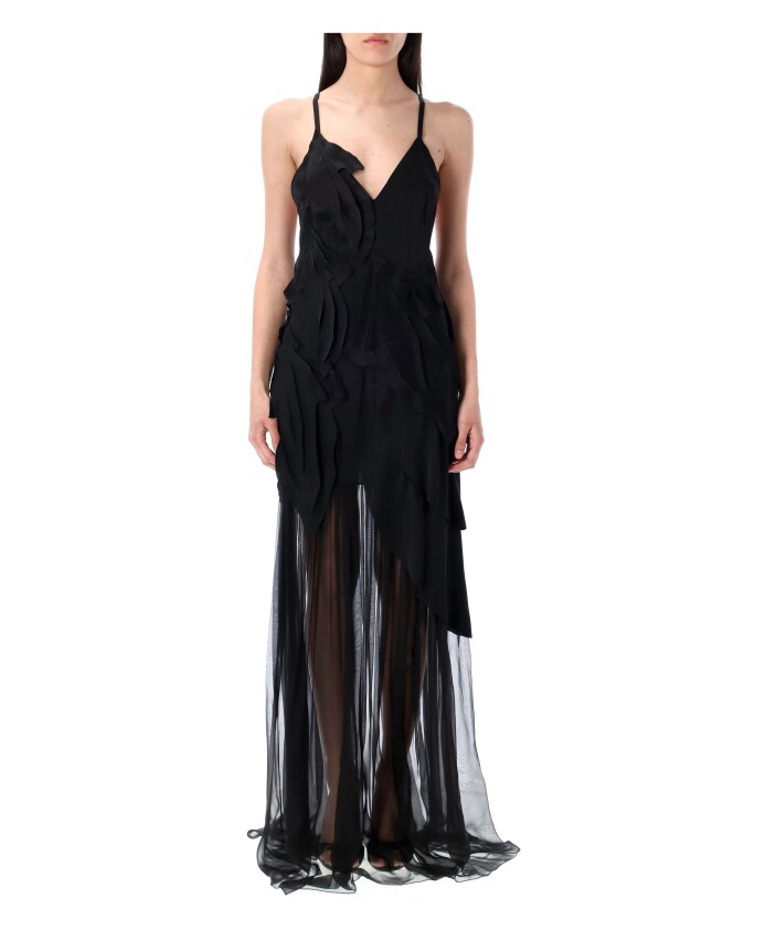 black-leaf-print-satin-chiffon-dress