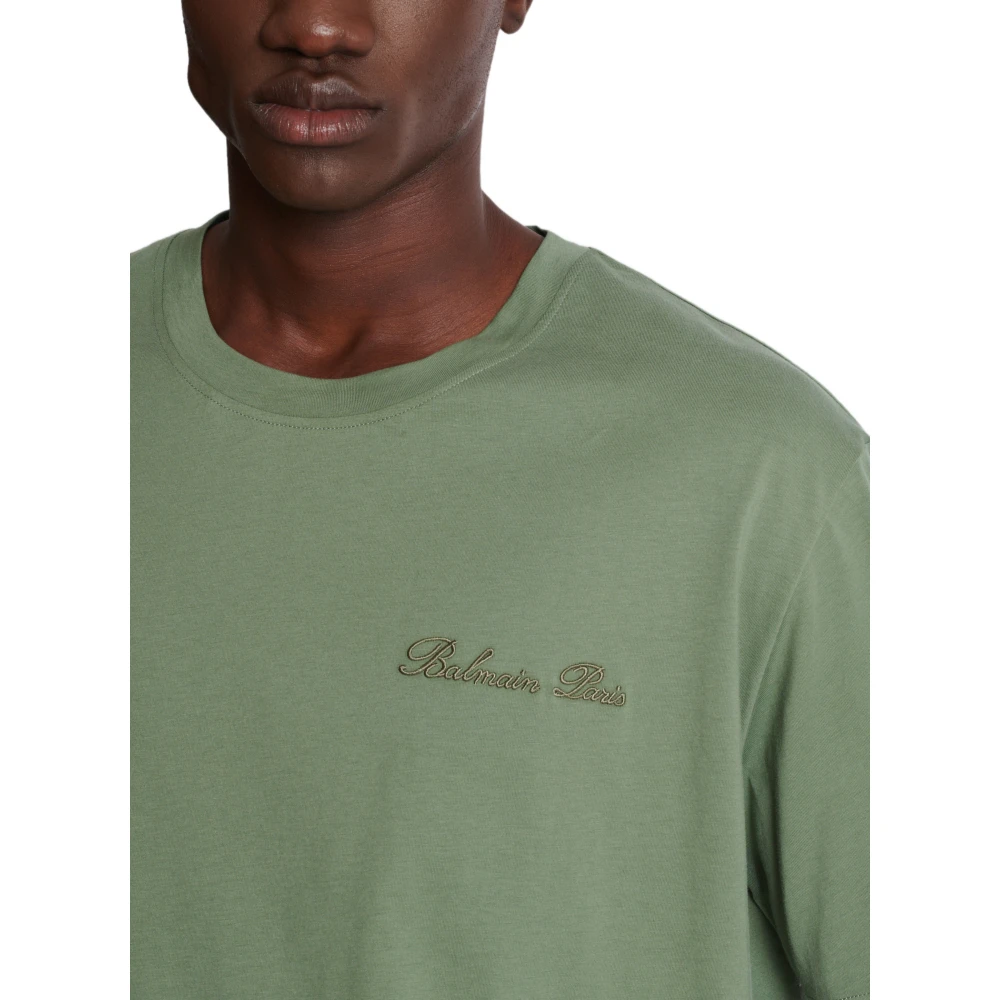 Balmain Losse T-shirt met Balain Signature borduurwerk Green Heren