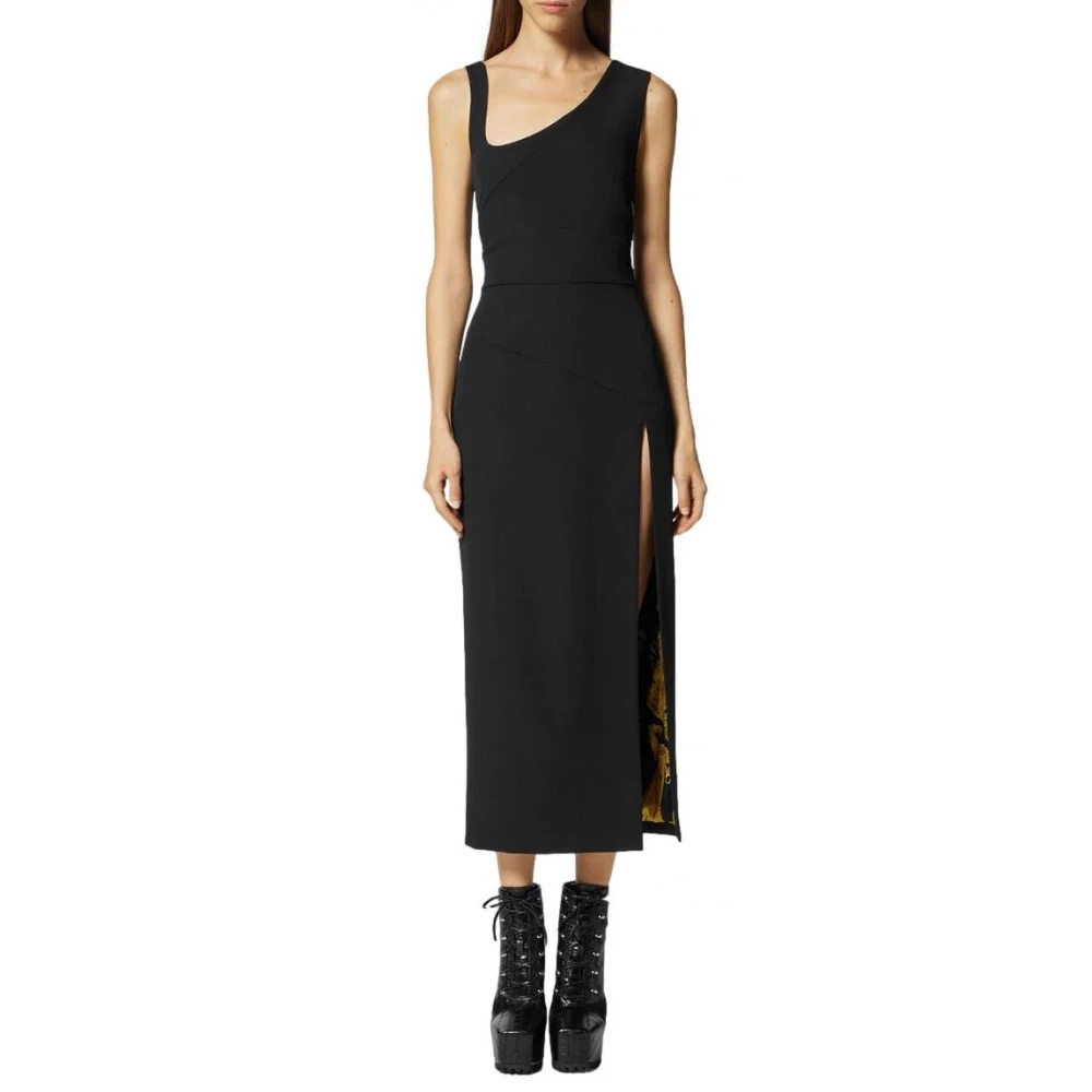 Versace Jeans Couture Midi Jurk met Asymmetrische Halslijn en Zijsplit Black Dames
