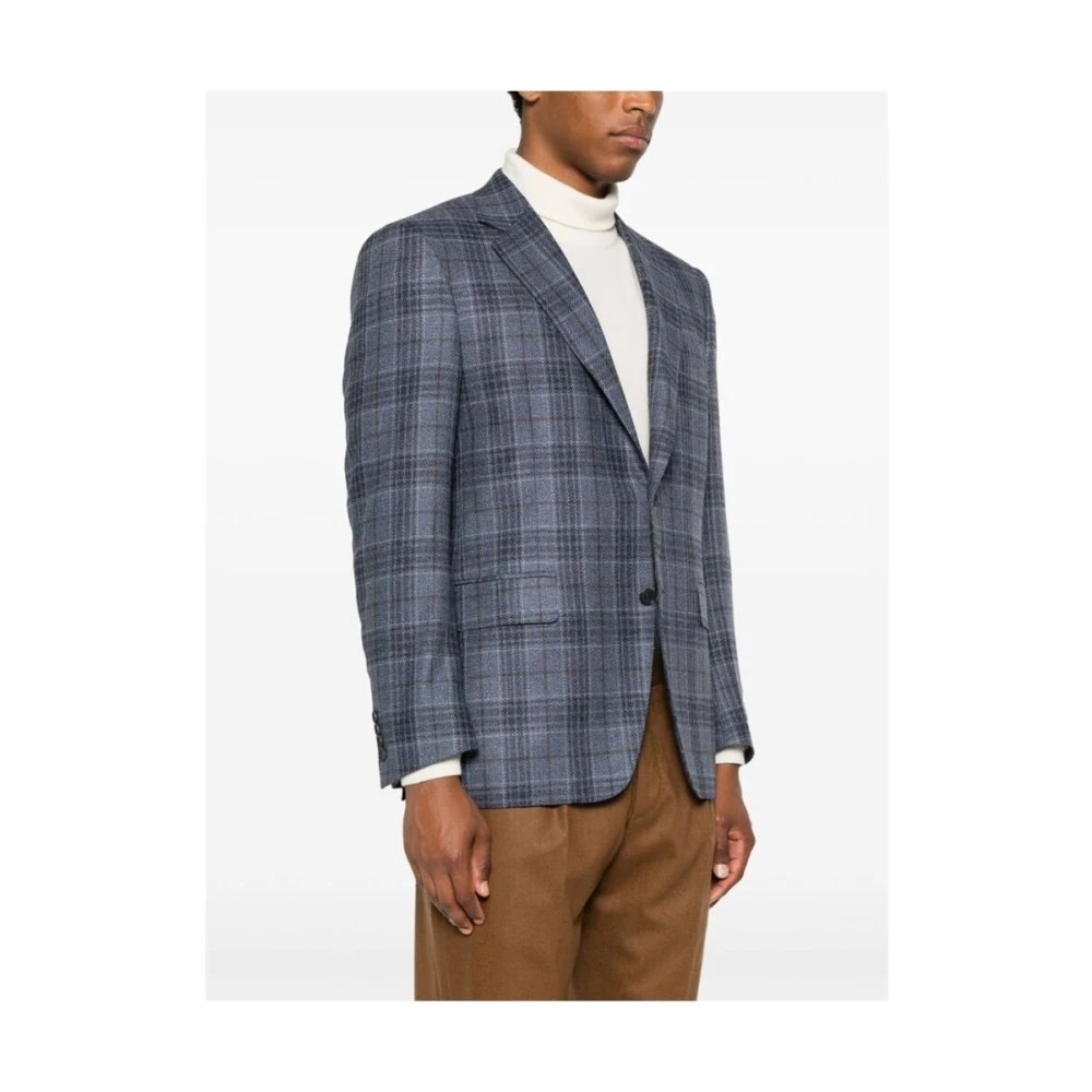 Canali Blauw geruit wol-zijde blend jas Blue Heren