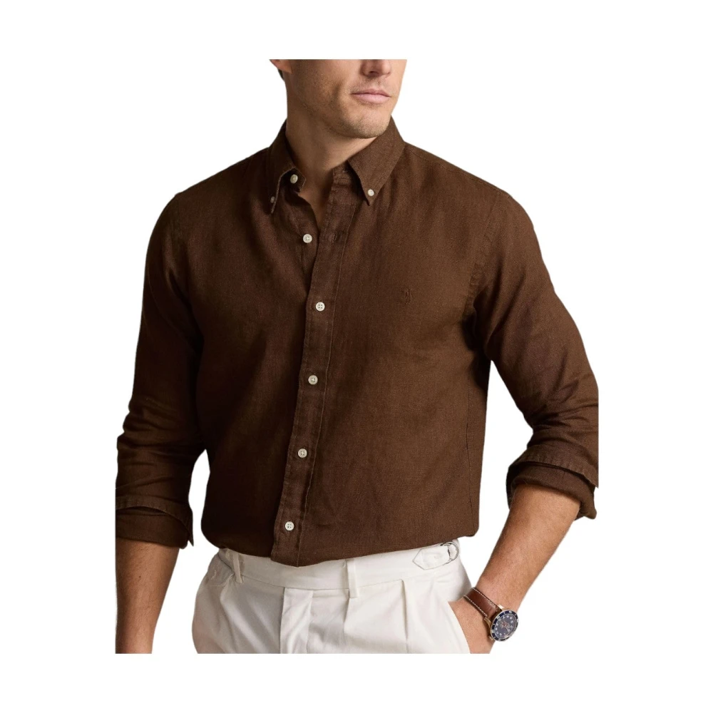 Ralph Lauren Linnen Overhemd Bruin Modern Fit Lichtgewicht Brown Heren