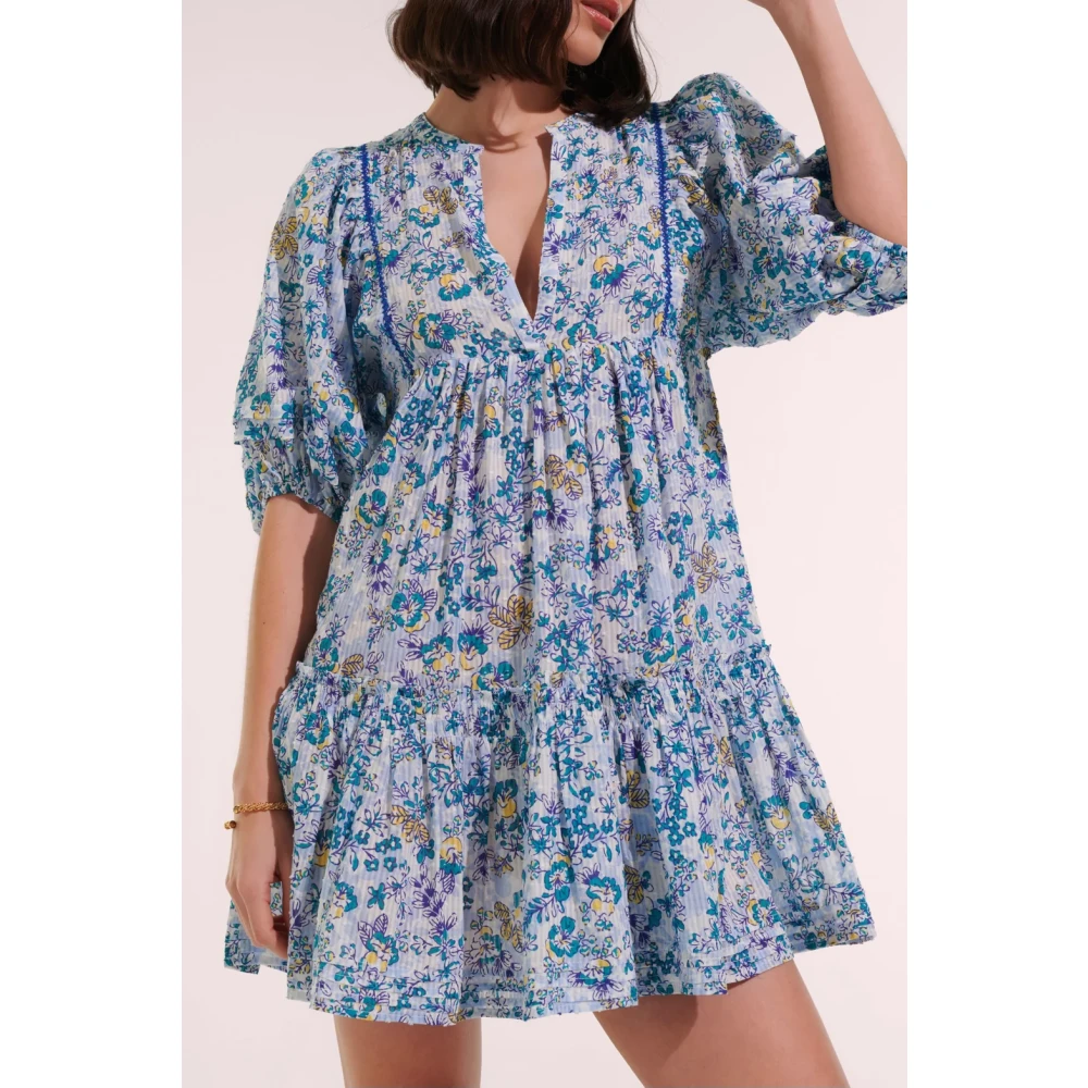 Poupette St. Barth Gestreepte Bloemen Mini Jurk met Tunesische Kraag Multicolor Dames