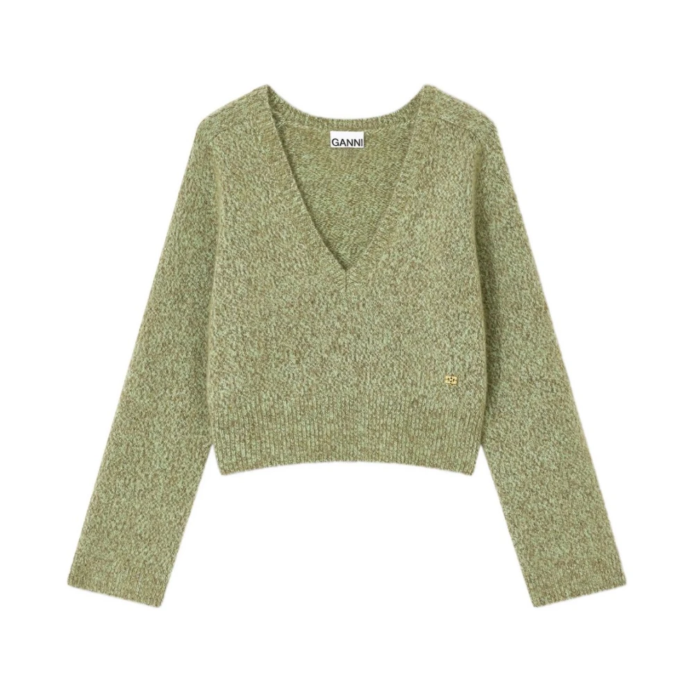 Ganni Women's Green Brushed Mohair Mix Deep V-Neck Jumper - V-Neck Knitwear - M - Knitwear