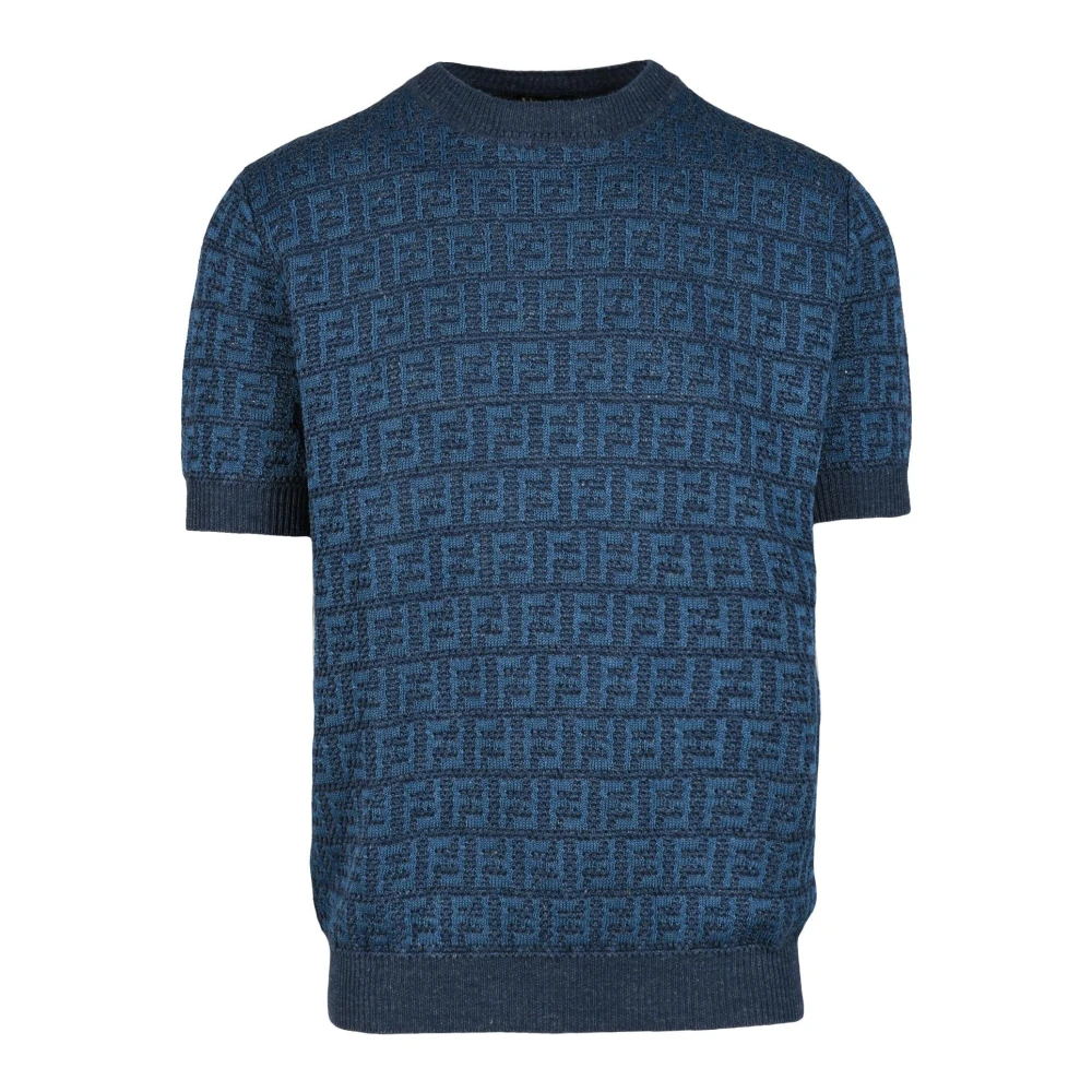Fendi Linnen Katoen Zijde Mix Gebreide Top Blue Heren