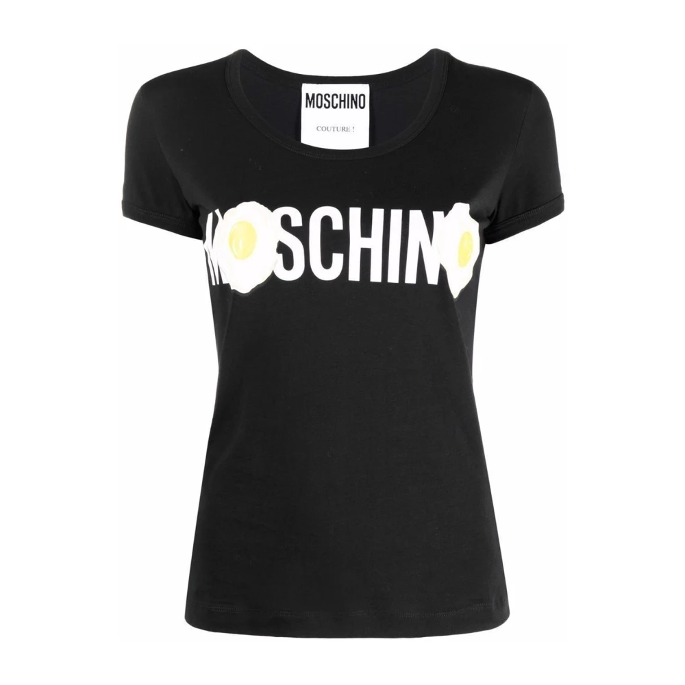 Moschino Zwart T-shirt met logo en gebakken ei ontwerp Black Dames