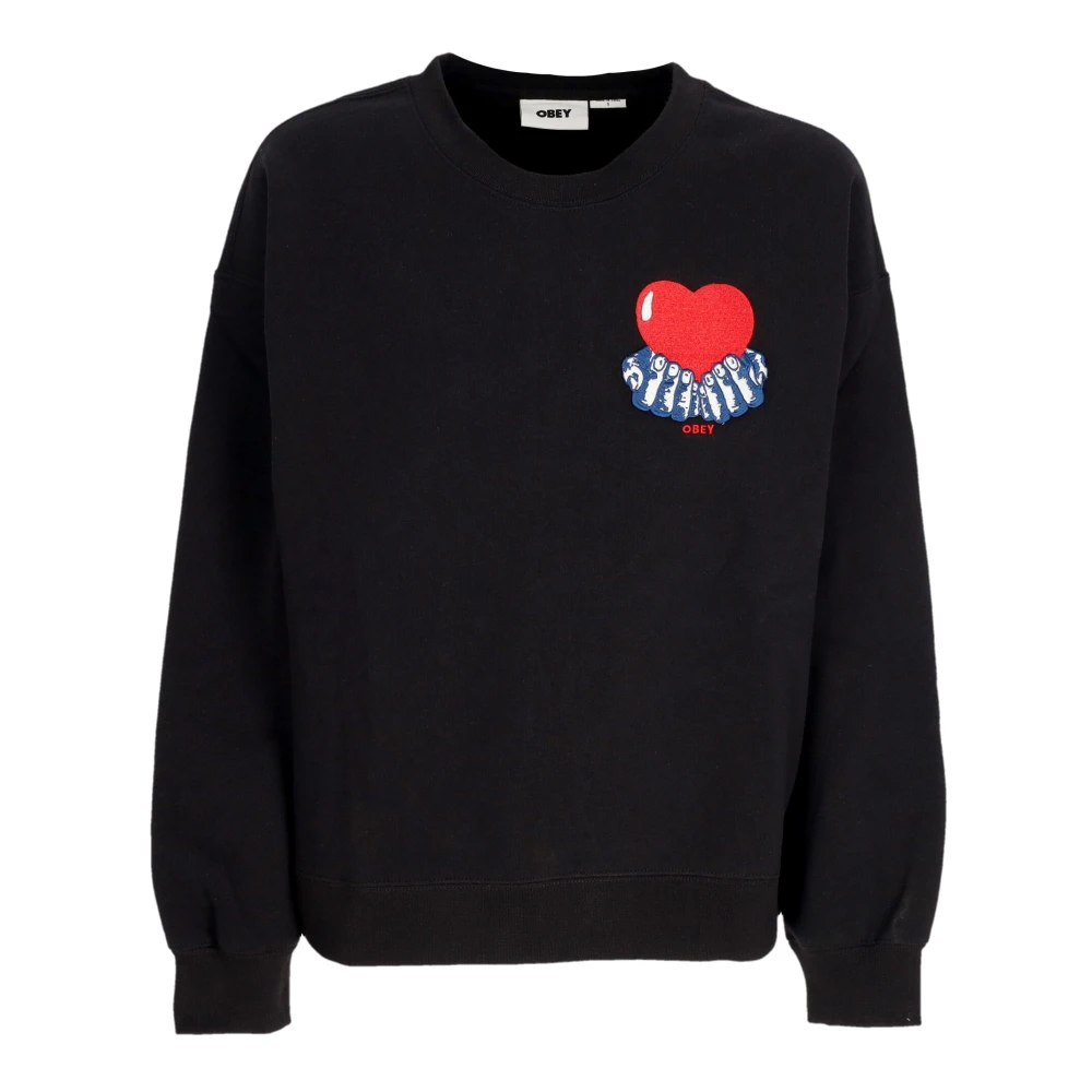 Obey Heart Crew Fleece Zwarte Sweatshirt Black Heren