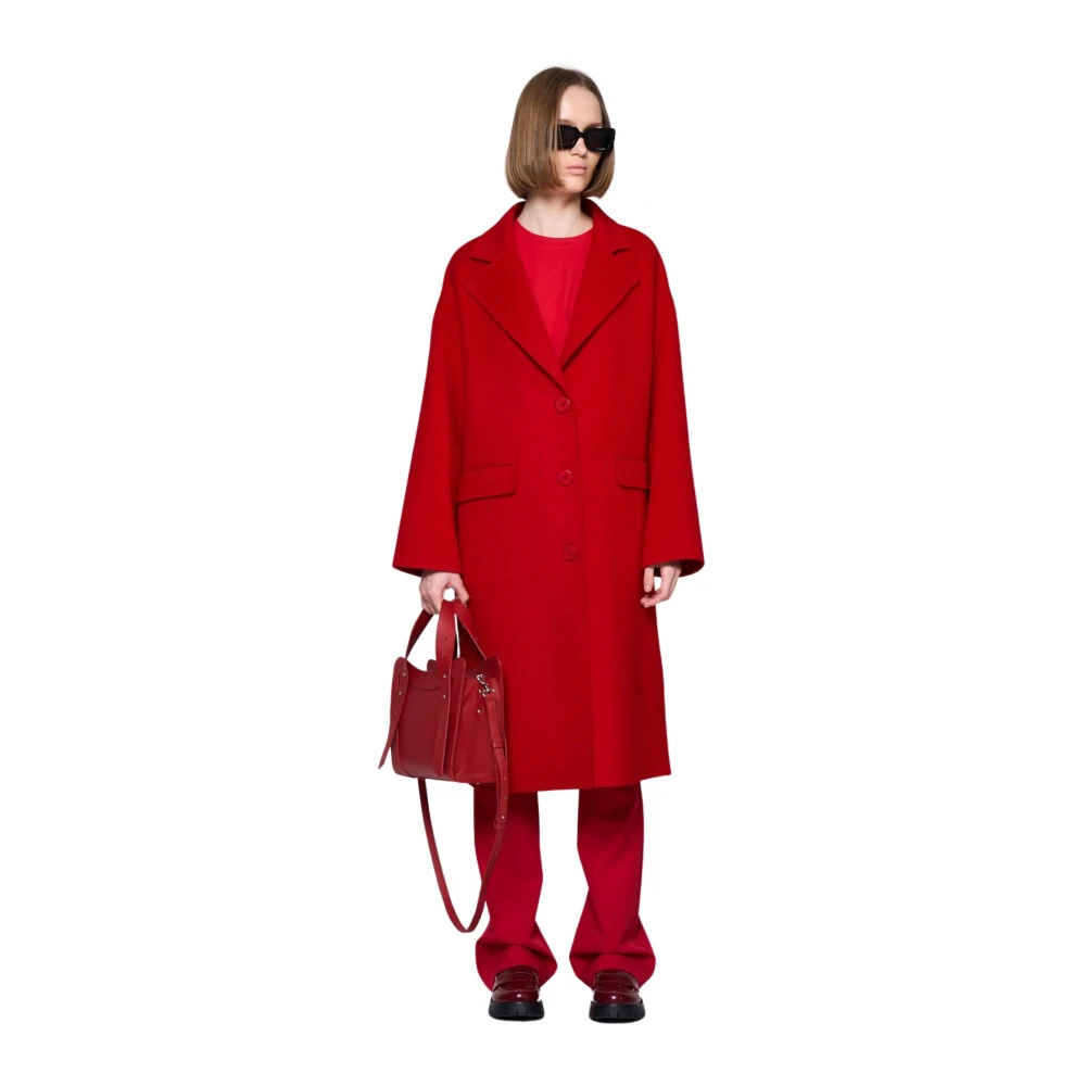 Silvian Heach Rode Wollen Jas Enkelrij Stijlvolle Revers Red Dames