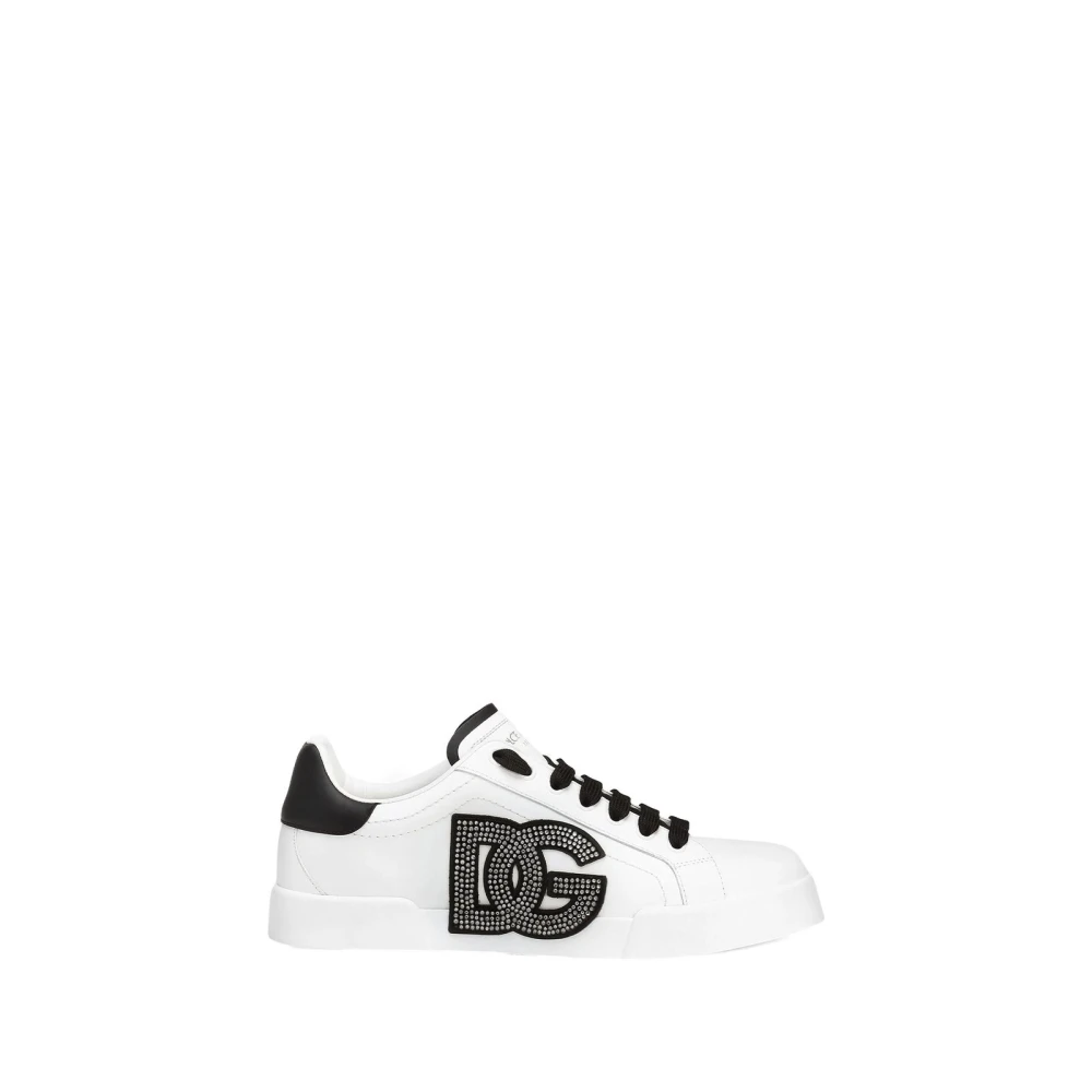 Dolce & Gabbana Donna Bianco Sneakers In Pelle Con Cristalli
