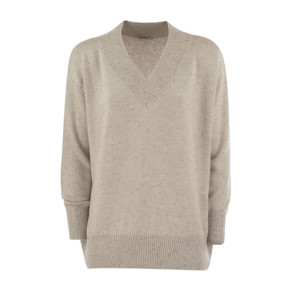 Brunello Cucinelli Gray Speckled V-Neck Cashmere Blend Jumper - Female - Cashmere Knitwear - M - Knitwear