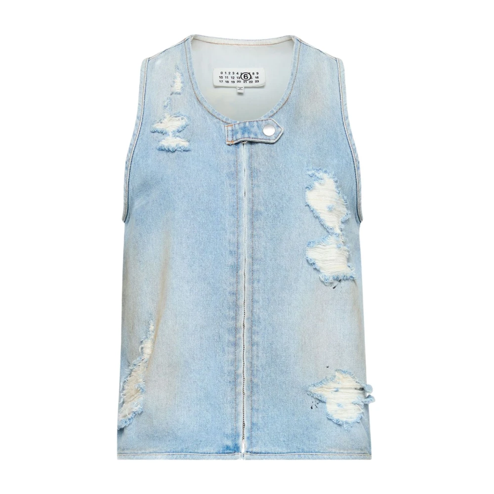 MM6 Maison Margiela Ljusblå Tröja med Distressed Effekt Blue, Dam