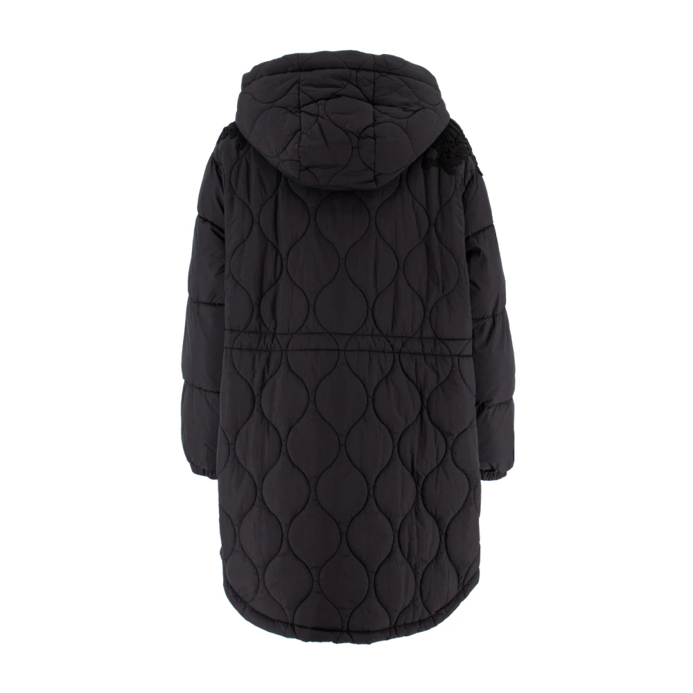 Ermanno Scervino Bi-materiaal Bloemenapplicatie Parka Black Dames