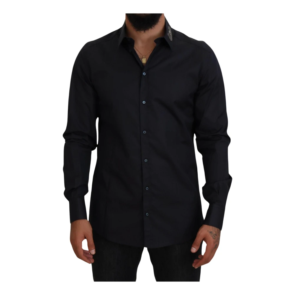Dolce & Gabbana Zwarte Katoenen Slim Fit Formele Jurk Goud Shirt Black Heren