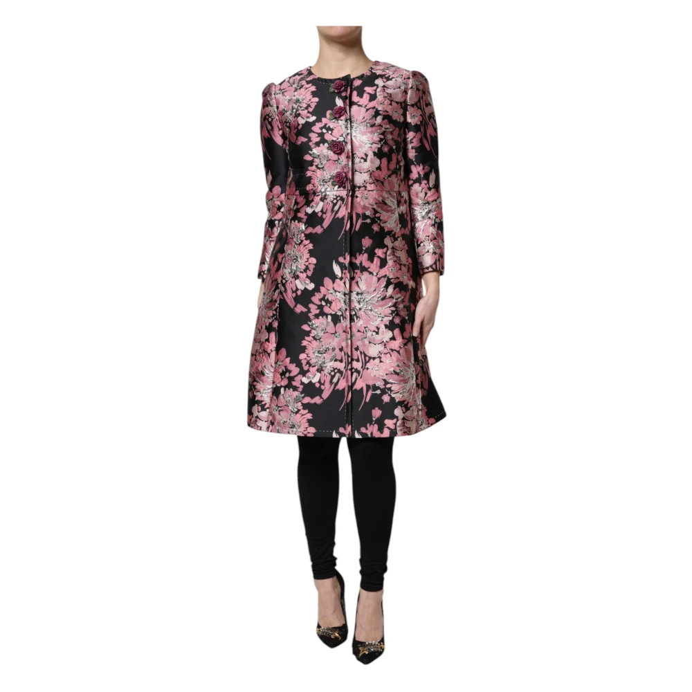 Dolce & Gabbana Women's Pink Single-Breasted Coats, 2XS, Black Floral Brocade Trenchcoat Jacket