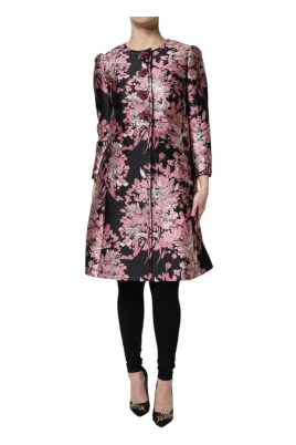 Rosa Svart Blommig Brokad Trenchcoat Jacka