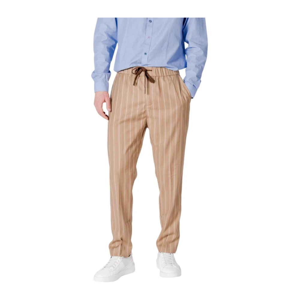 Gianni Lupo Men's Beige Slim-Fit Trousers, Xl, Striped Drawstring Trousers