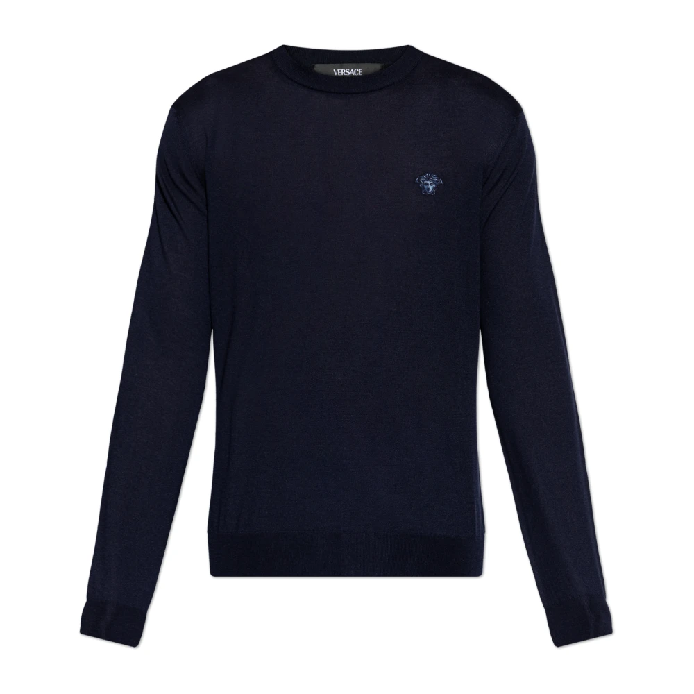 Versace Men's Blue Wool-Blend Knit Jumper - Round-Neck Knitwear - L - Knitwear