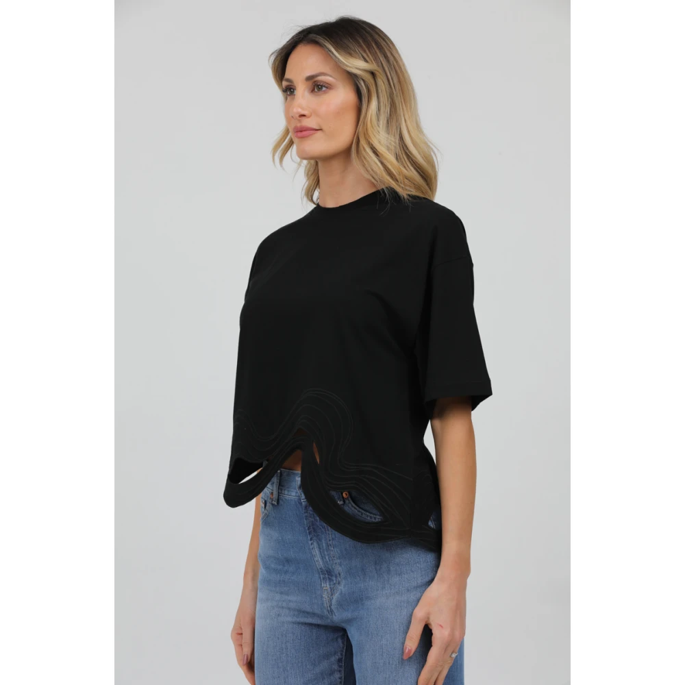 Alpha Studio Geborduurde ronde hals T-shirt met golven Black Dames