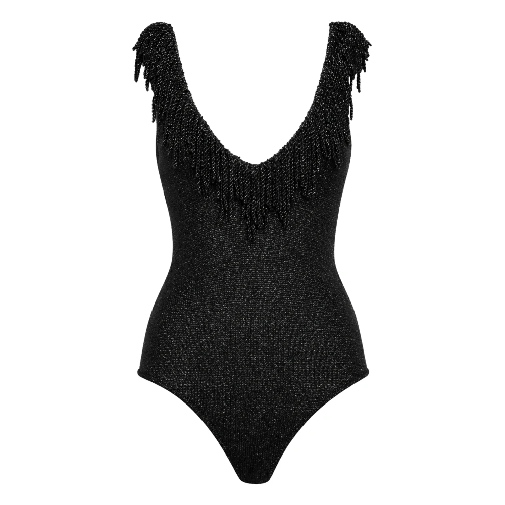 Simona Corsellini Black Swimsuits, Female, Xs, Body In Maglia Con Scollo Profondo E Frangia Lurex