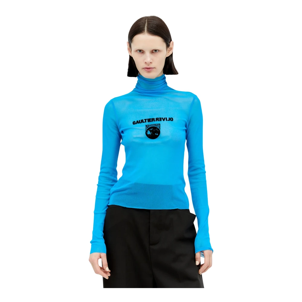 Jean Paul Gaultier Blauwe Aarde Mesh Top Logo Borduurwerk Blue Dames