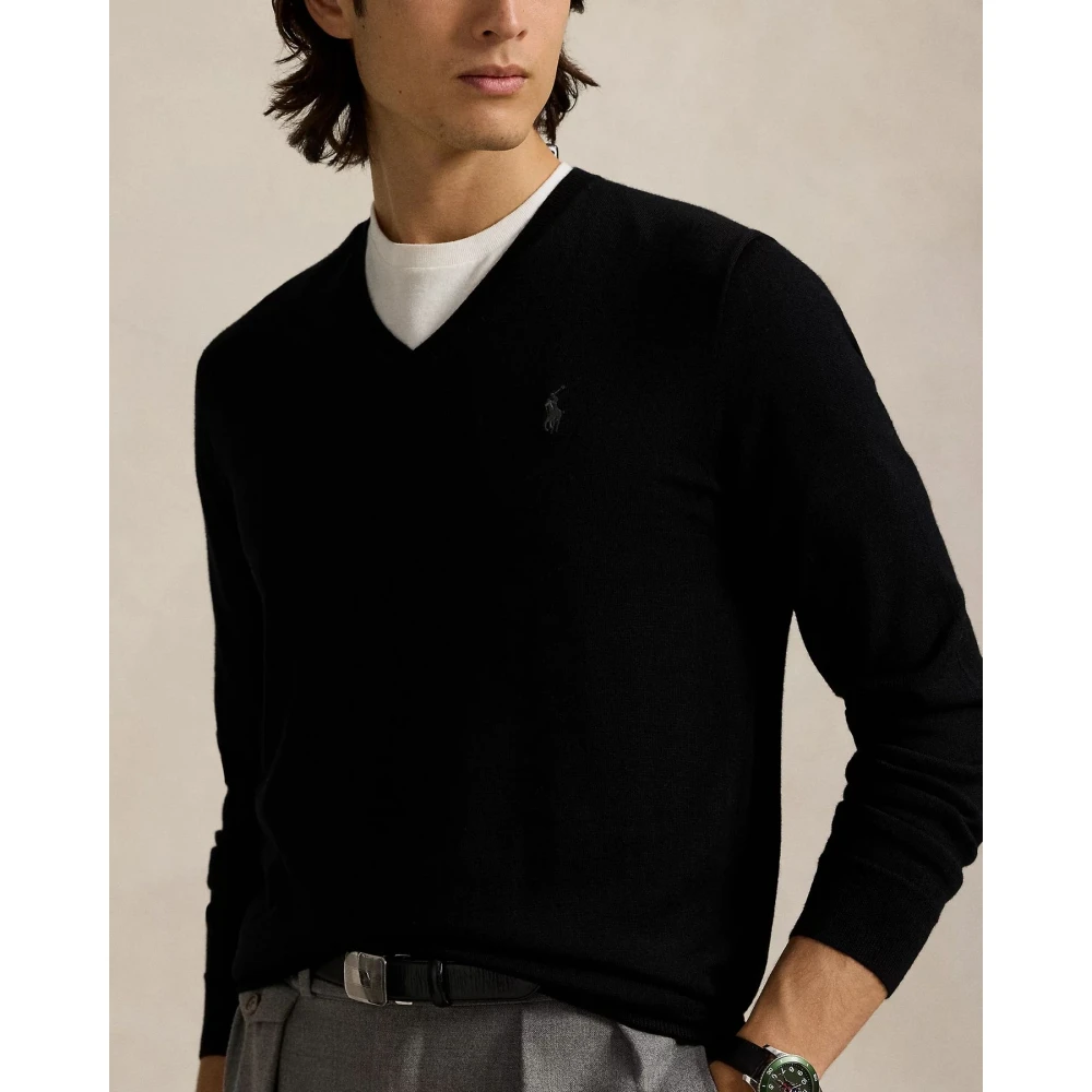 Polo Ralph Lauren Slim-Fit Wasbare Wollen V-Hals Trui Black Heren
