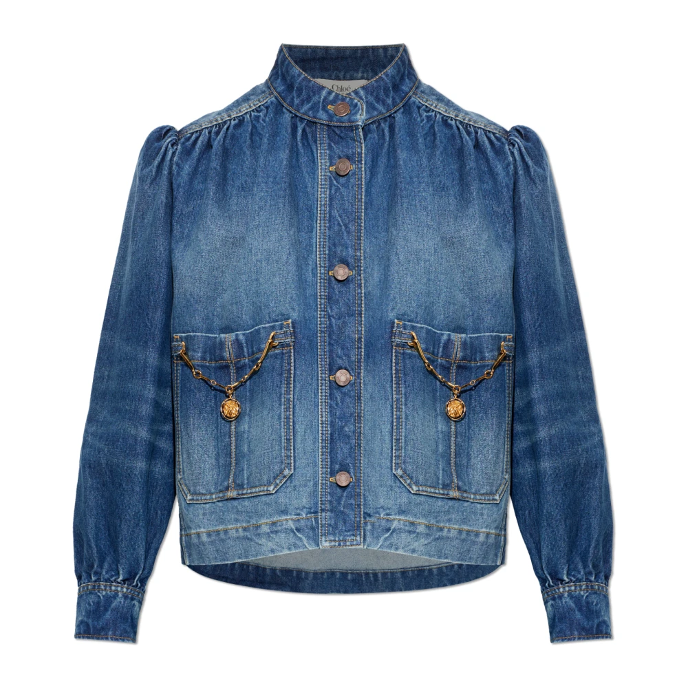 Chloé Women's Blue Denim Jackets, Xs, High-Neck Gathered Jacket