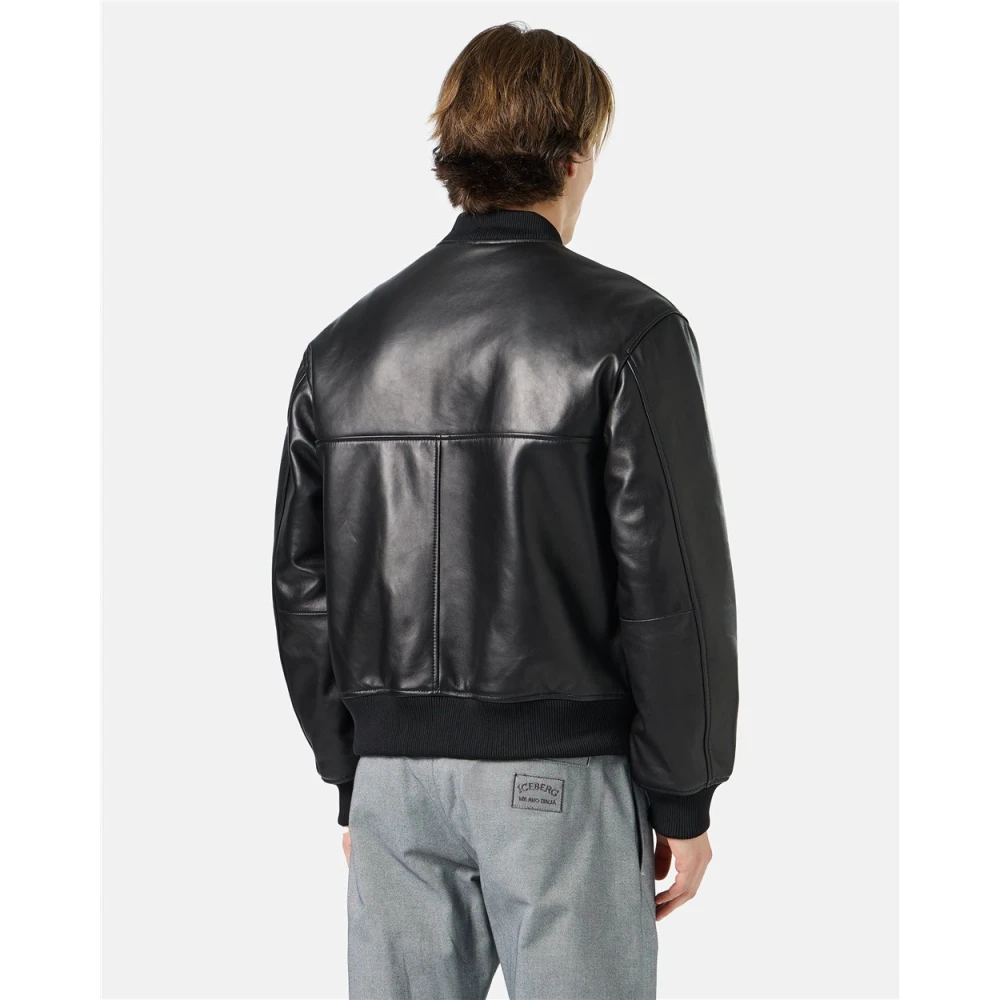 Iceberg Zwarte leren bomberjack met beerborduursel en dubbele schuifrits met logo Black Heren