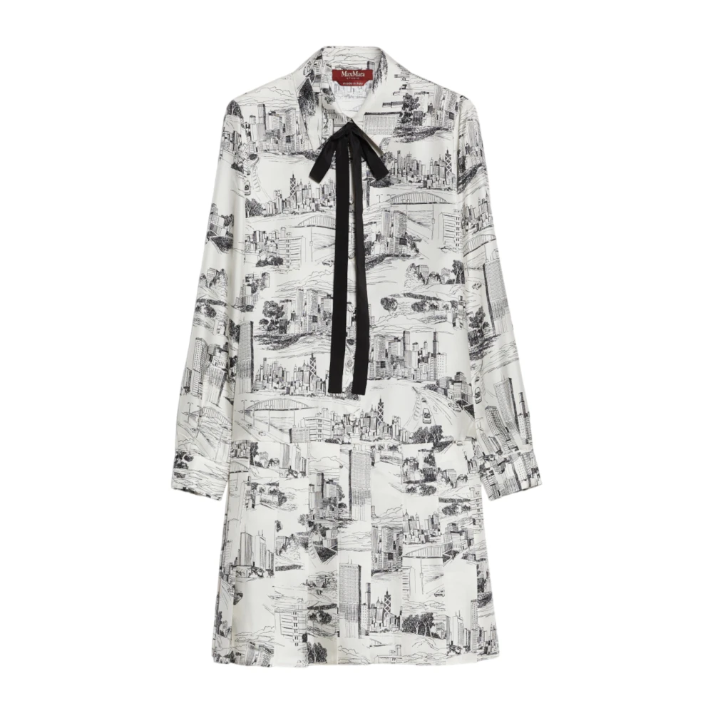 Max Mara Studio Korte zijden bedrukte jurk met geplooide rok White Dames