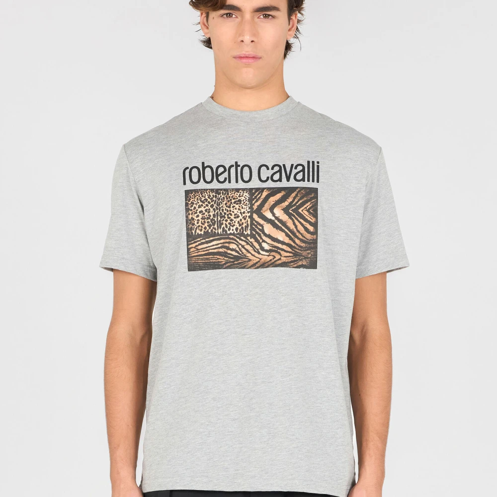 Roberto Cavalli Dierenprint T-shirt met logo Gray Heren