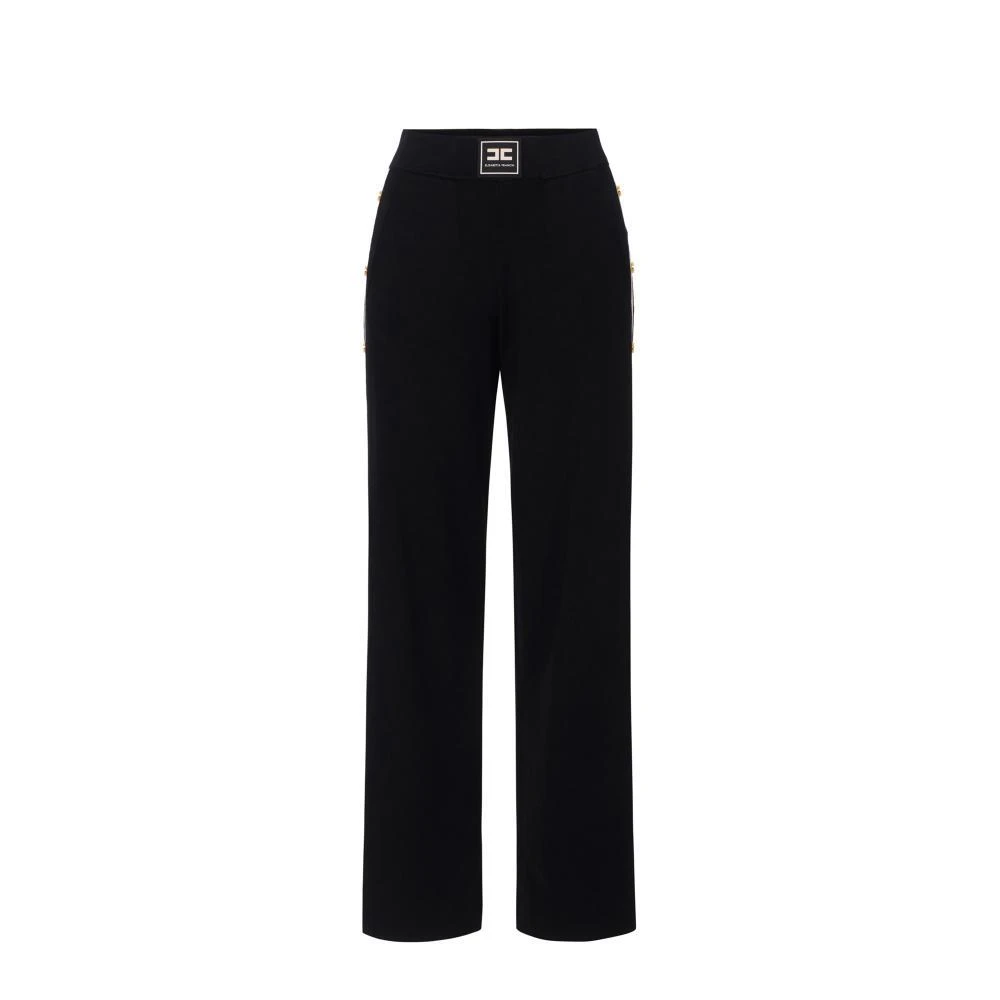 Elisabetta Franchi Women's Black Wide Trousers, Xs, Knit Fabric Trousers With Shiny Viscose Bands