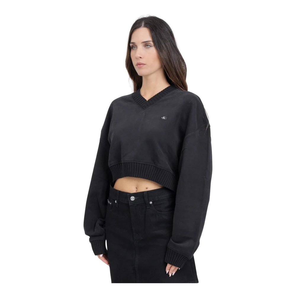 Calvin Klein Jeans Svart Tröja V-Ringad Ribbstickad Nederkant Black, Dam