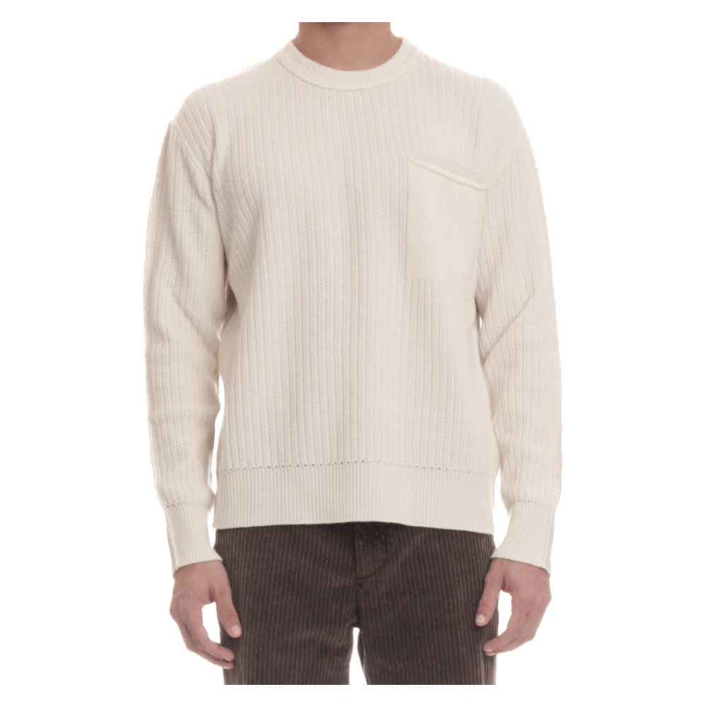 Roberto Collina Men's Beige Round-Neck Knitwear, L, Ribbed Jumper Ivory Front Stitching