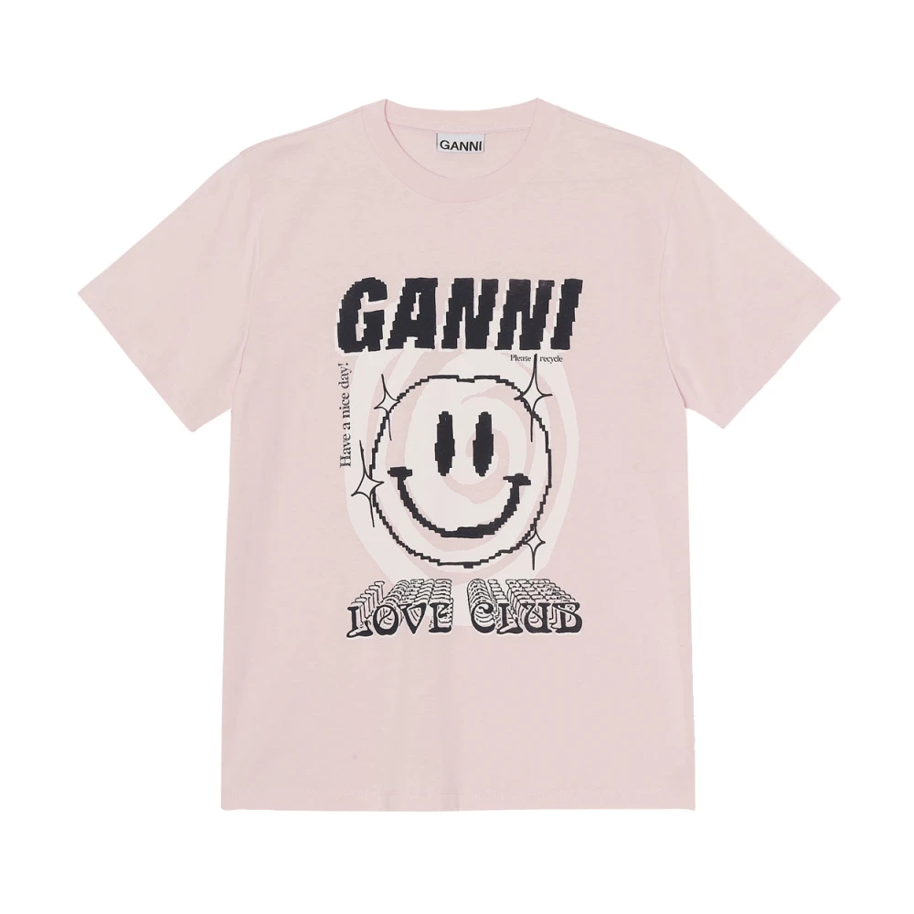 Ganni Smiley-Print T-Shirt Pink, Dam