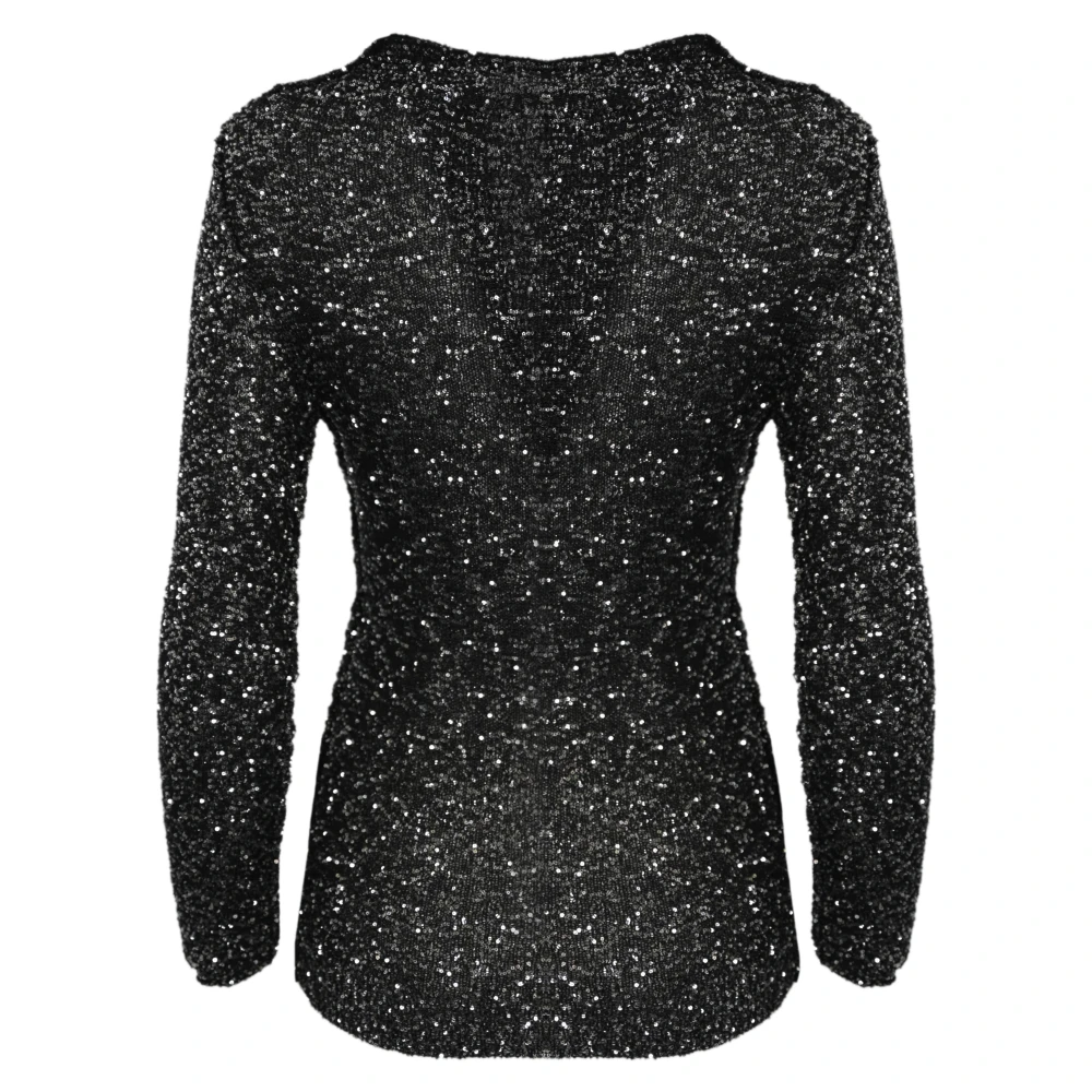 Liviana Conti Zwarte pailletten trui hoge hals lange mouw slim fit Black Dames