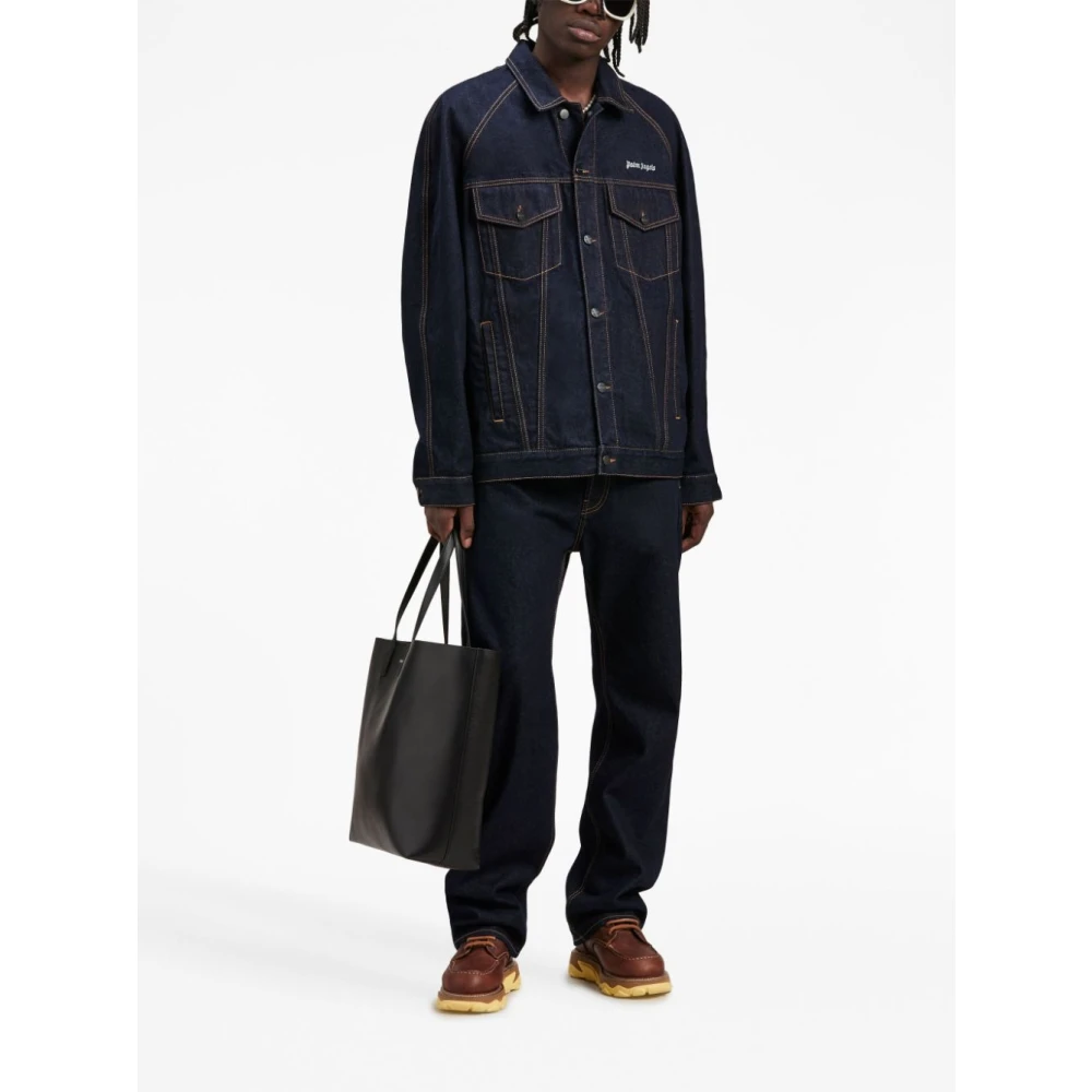 Palm Angels Navy Blue Logo Raw Wash Loose Blue Heren