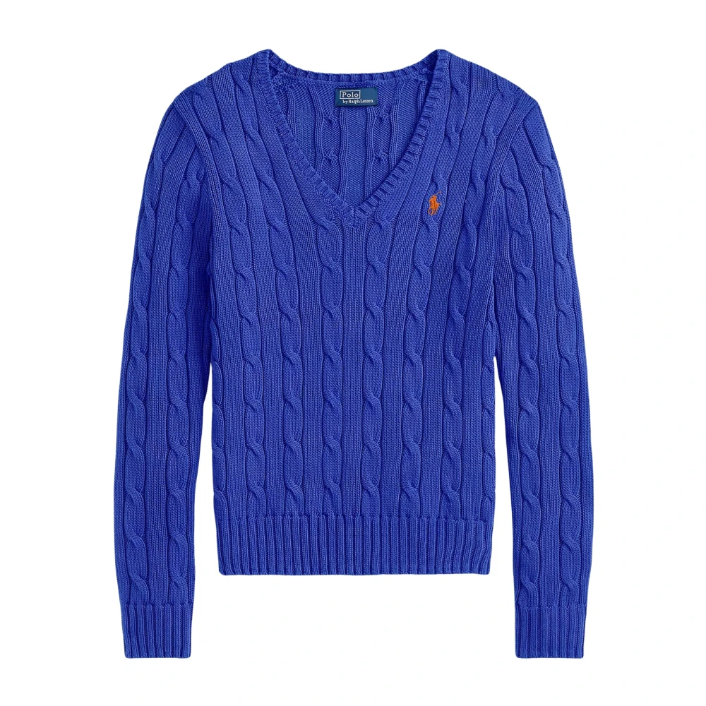 Polo Ralph Lauren Women's Blue Cable-Knit V-Neck Jumper