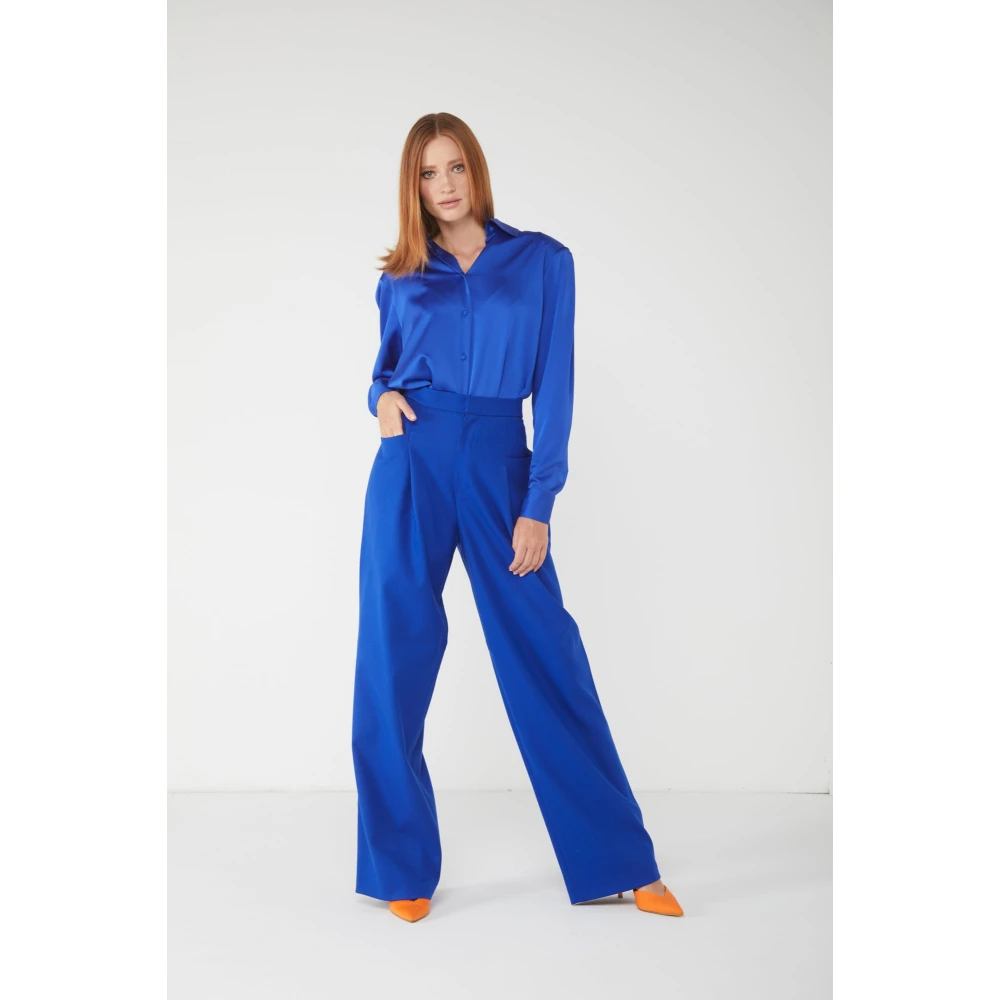 Nineminutes Wijde pijpen wollen broek elektrisch blauw Blue Dames