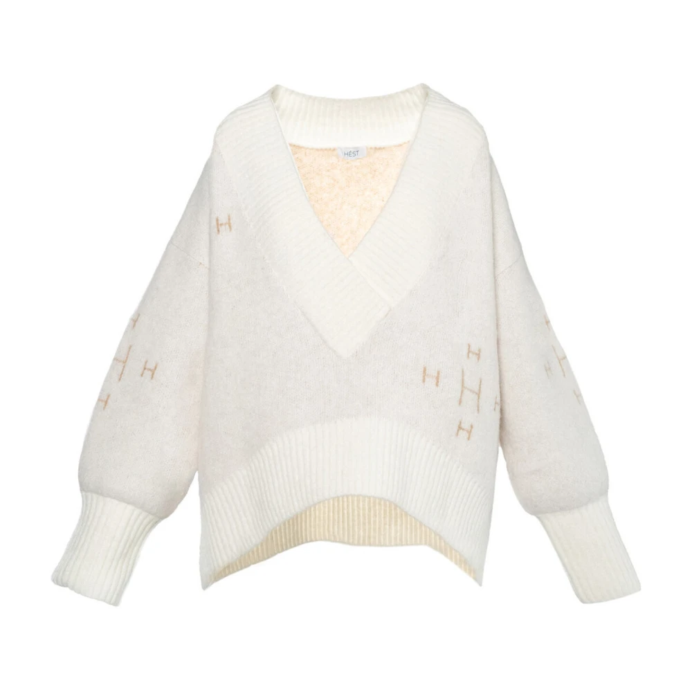 Hést V-Neck Sweater Heavy Knitwear Tops Wit White Dames