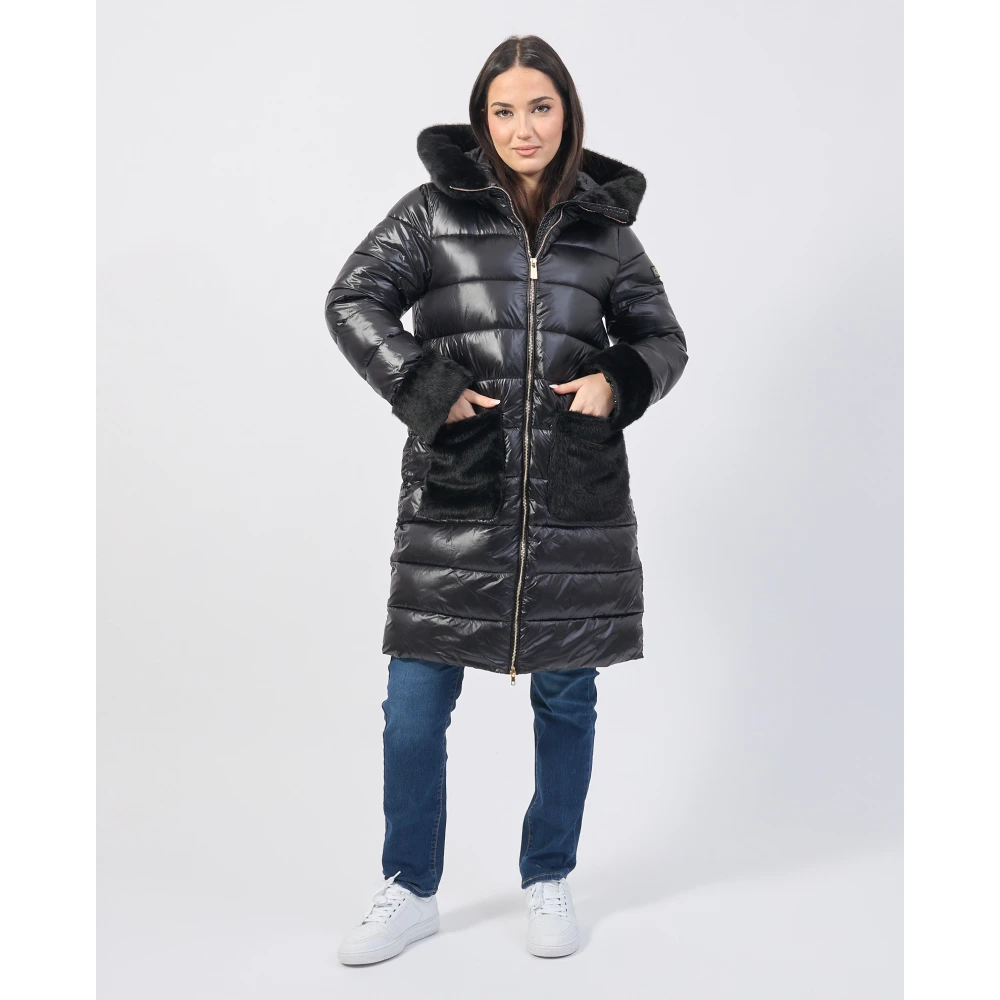 YES ZEE Zwarte Gewatteerde Hooded Lange Jas Black Dames