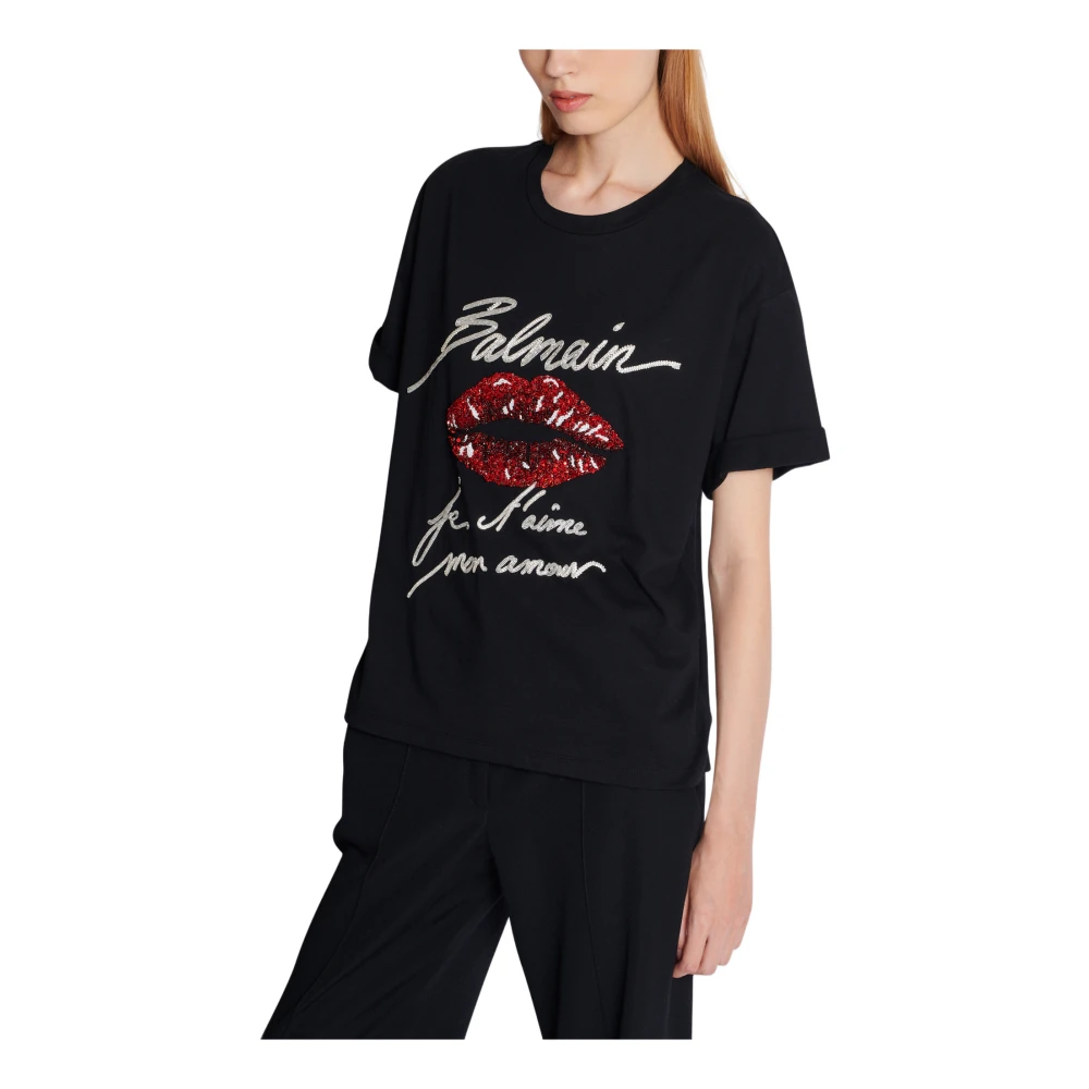 Balmain T-shirt met kus borduurwerk en korte mouwen Black Dames