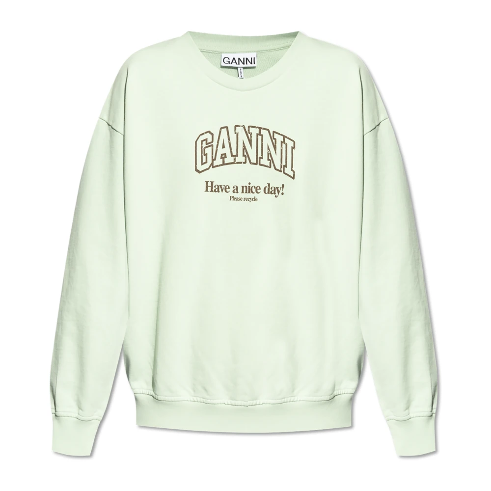 Ganni Logo Print Crew Neck Sweater Green Dames