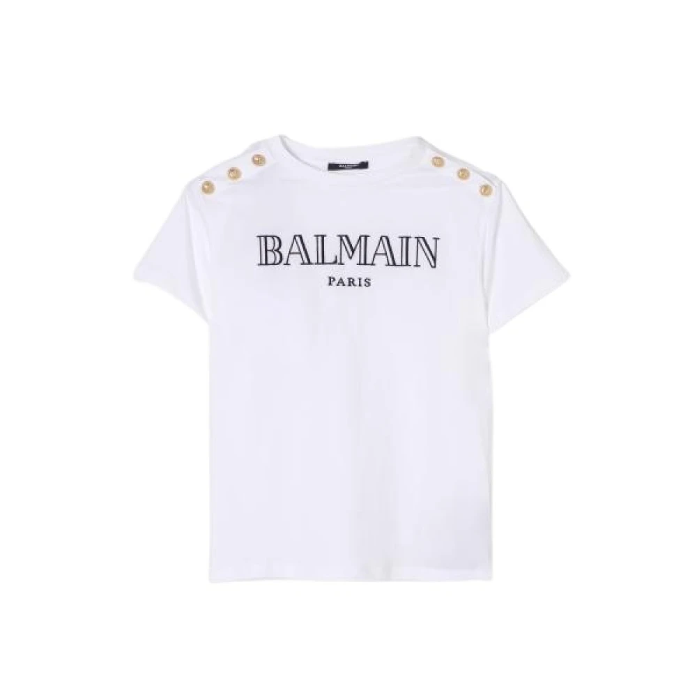 Balmain Girls White Kids Logo Embroidered Crewneck T-Shirt