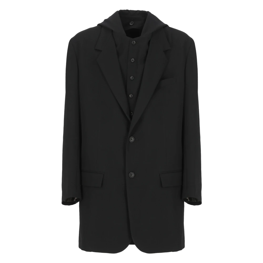Yohji Yamamoto Zwarte wollen jas met capuchon Black Heren