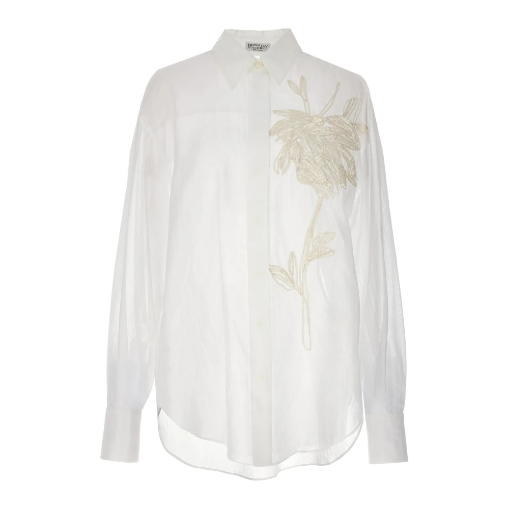 BRUNELLO CUCINELLI Wit Bloemen Geborduurd Katoenen Overhemd White Dames