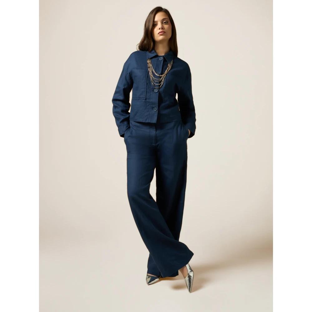 Oltre Wijde Linnen Broek Blue Dames