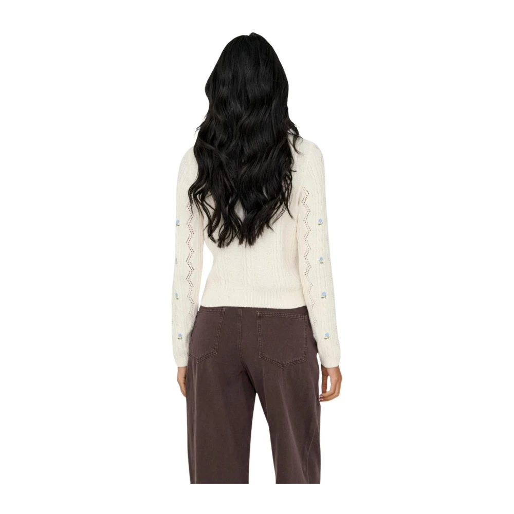 Only Women's White Round-Neck Knitwear, M, Printed Long Sleeve Round Neck Knitwear